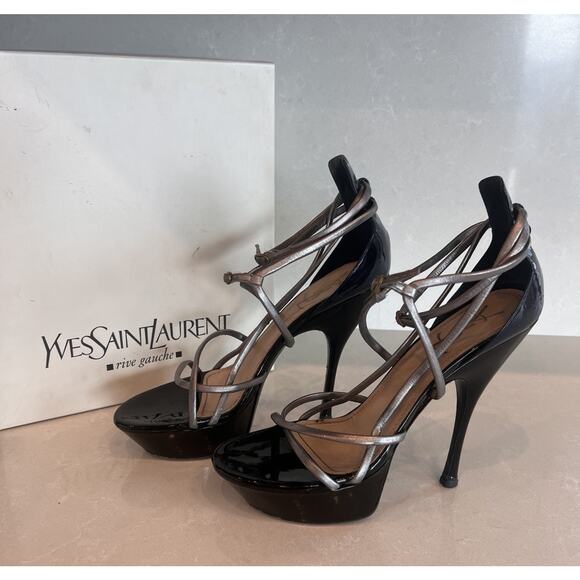 Yves Saint Laurent Rive Gauche Patent Leather Heels Sandals Navy Blue 38.5 YSL - Picture 1 of 16
